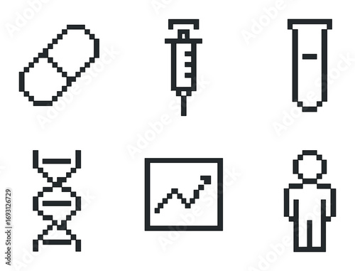 Medical equipment pixel icon set. featuring pill, syringe, test tube, dna, graph, human symbols.
