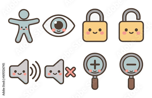 User interface flat icon set. featuring accessibility, visibility, security, audio, and zoom symbols.