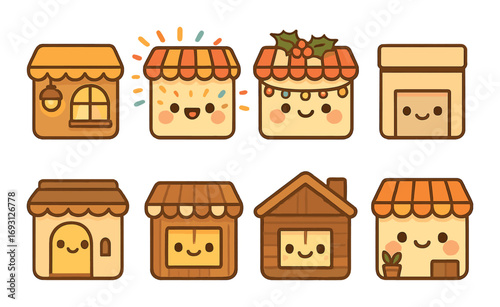 Festive storefronts flat icon set. featuring shop, cafe, holiday decor, joyful, wooden cabin, and potted plant designs.