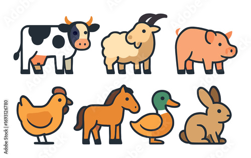 Farm animals flat icon set. featuring cow, goat, pig, chicken, horse, duck, rabbit symbols.
