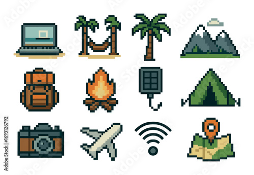 Travel and adventure pixel icon set. featuring laptop, backpack, campfire, camera, airplane, and map symbols.