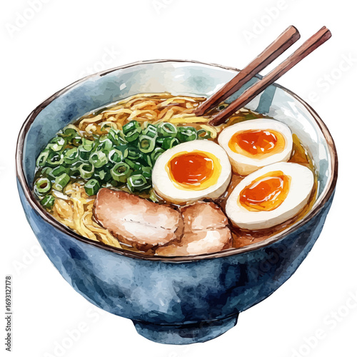 Ramen, watercolor drawing vector, isolated on a white background.