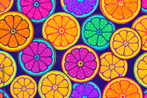 Neon Pop Art Citrus Pattern Vibrant Sliced Oranges Lemons Limes and Grapefruits Glossy Juicy Texture Seamless Vector Design for T Shirt Prints