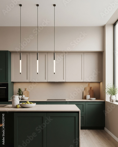 Contemporary Dark Green and Beige Kitchen with Minimalist Pendant Lighting