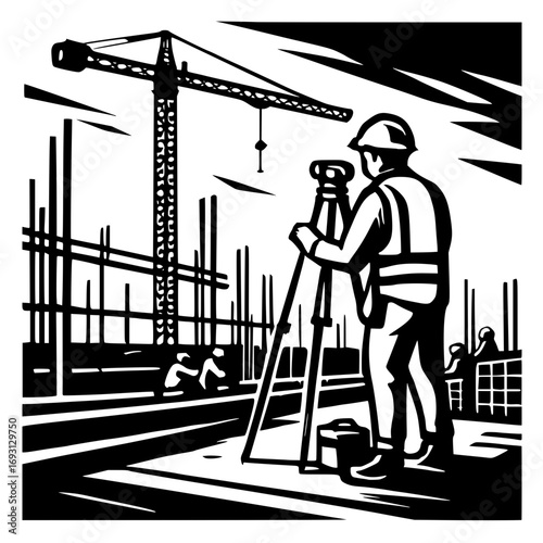 Construction worker surveying a building site with crane overhead