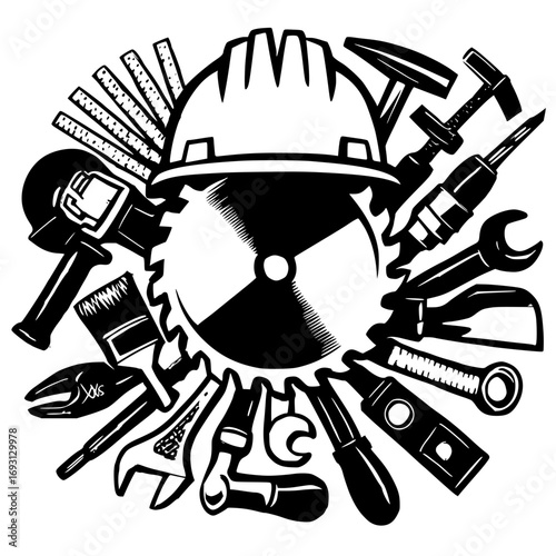 Construction tools arranged around circular saw blade