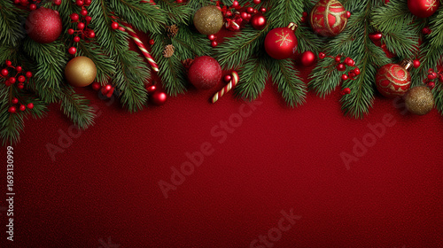 Decoración navideña con ramas verdes, bolas rojas y doradas, caramelos y bayas, ideal para tarjetas festivas, diseño estacional o ambientación visual de celebraciones tradicionales. Navidad fondo