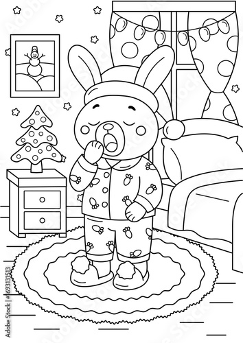 A cozy bedtimethemed coloring page featuring a cartoon bunny in pajamas yawning beside a decorated Christmas tree. Set in a festive bedroom with a bed, window, and holiday details 