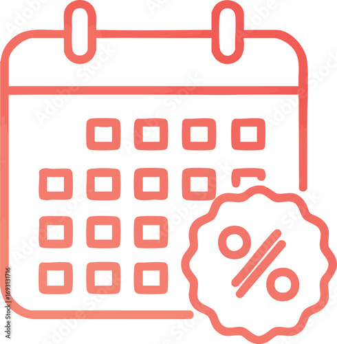 A calendar icon with a discount tag featuring a percentage symbol, symbolizing sales events and special offers.
