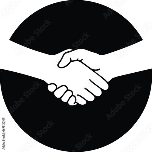 A clean, iconic black and white graphic within a circle depicts two hands shaking, powerfully symbolizing agreement, partnership, trust, and mutual cooperation.