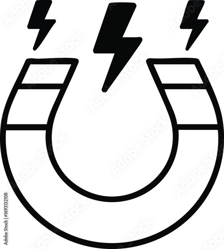A minimalist black and white line art icon depicts a powerful horseshoe magnet with dynamic lightning bolts, symbolizing strong attraction, scientific energy, and fundamental physical forces.