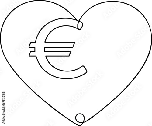 A minimalist continuous line art illustration depicts a heart shape embracing the Euro currency symbol, representing financial affection and economic value.