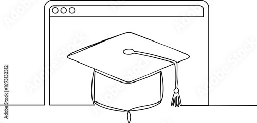 A modern continuous line illustration features a graduation cap in front of a web browser, symbolizing online education, academic success, and digital learning platforms.