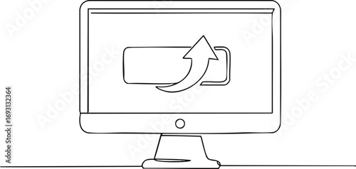 A minimalist line art illustration shows a desktop computer monitor displaying a battery icon with an upward arrow, symbolizing energy transfer or charging progress.