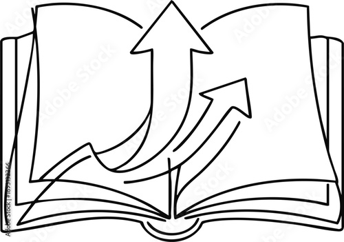 An open book with dynamic arrows ascending from its pages symbolizes the powerful journey of learning, inspiring new ideas and fostering personal growth.