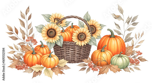 Fototapeta Naklejka Na Ścianę i Meble -  Autumn harvest basket filled with pumpkins, sunflowers, and fall leaves, isolated on transparent background
