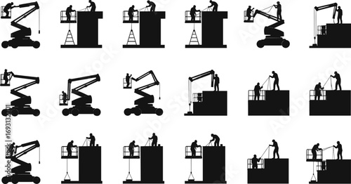 Silhouettes of construction workers on aerial lift platforms and scaffolding, working at height, safety harness, teamwork, industrial maintenance, building site, equipment, repair.