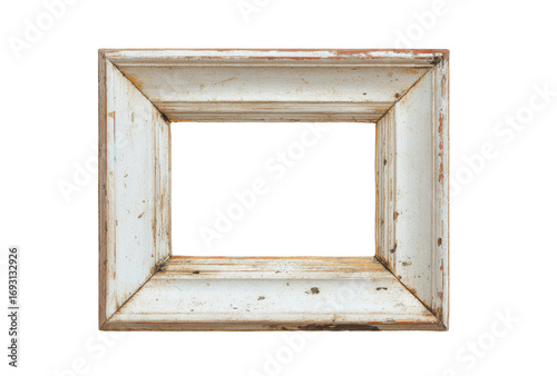 Aged, off-white wooden picture frame, rectangular shape, displaying signs of wear and time
