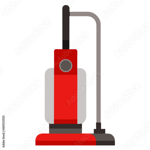 Red upright vacuum cleaner with grey accents vector on white background.