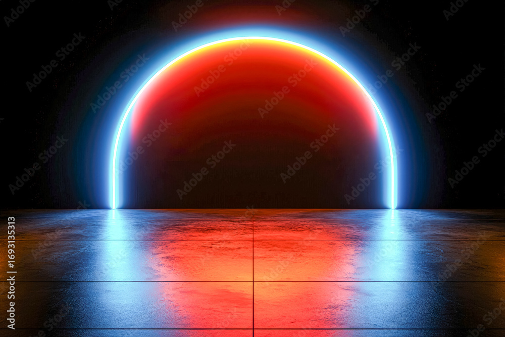 Obraz premium Futuristic neon sunset over reflective surface with vibrant red and blue glow