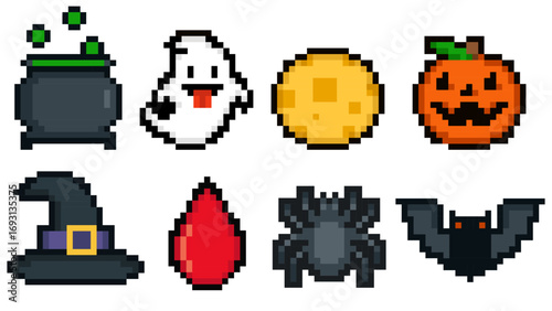 Pixel art Halloween icons set including pumpkin, ghost, cauldron, bat, spider, witch hat, blood drop and full moon. Perfect for spooky themed holiday decorations, stickers, games, and digital projects