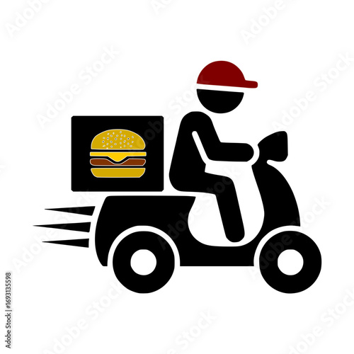 Fast food delivery icon on scooter, perfect for restaurant ads and online ordering platforms now