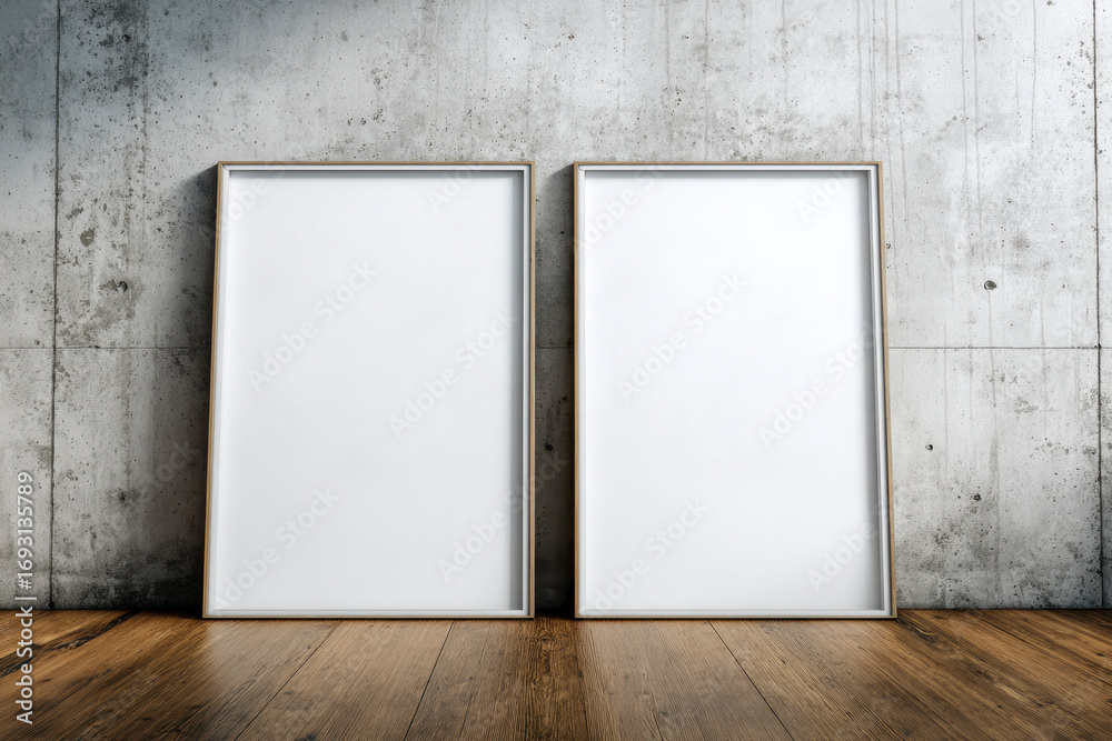 Minimalist blank photo frames leaning against a concrete wall in modern interior design Minimalist blank photo frames leaning against a concrete wall in modern interior design