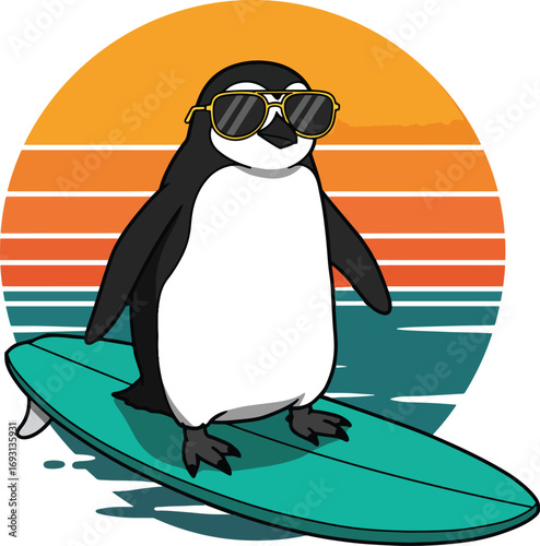 A cartoon penguin wearing sunglasses surfing on a turquoise board against a retro sunset background