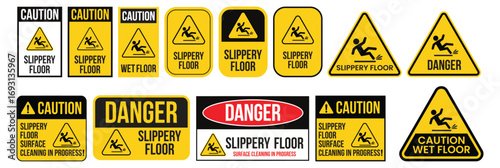 Hazard slippery surface wet floor sign, vector illustration isolated on white background.