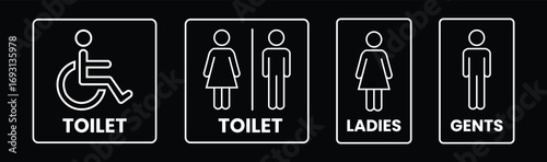 Set of four modern white line art icons on black background showing accessible toilet ladies and gents signs