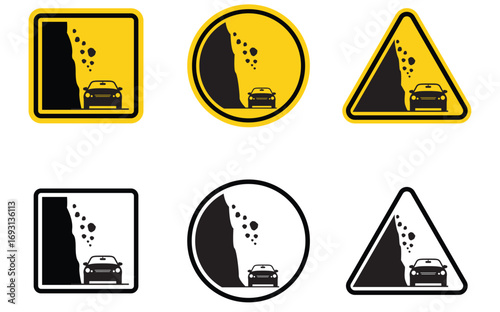 Hazard landslide sign isolated on white background. Falling rocks sign. Warning sign. Traffic signs and symbols. Vector illustration