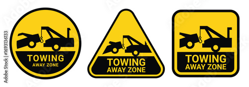 Towing sign set. Truck towing car service signage, signboard, sign, icon, logo. No parking, tow away zone, private parking, towing enforced. Vector Illustration.