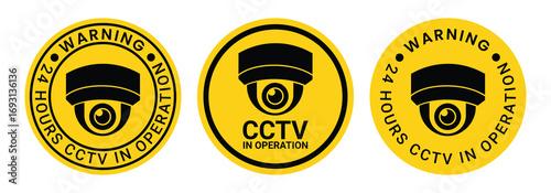 Security Camera or cctv sign, logo, badge, icon, sticker, label, emblem, stamp, symbol, black, line, flat vector, isolated illustration. Security Camera or cctv for street, home and building concept.