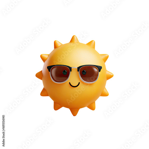 A cartoon sun emoji wearing sunglasses.  A stylized, 3D rendered sun with a friendly expression, depicted as a sphere with radiating spikes. 