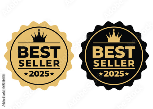 Best Seller 2025 Stamp Set, Circle and Starburst Badge Designs with Crown for Product Promotion and Achievement Recognition