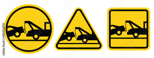 Towing sign set. Truck towing car service signage, signboard, sign, icon, logo. No parking, tow away zone, private parking, towing enforced. Vector Illustration.