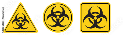 Danger yellow vector signs. Radiation sign, Biohazard sign, Toxic sign.