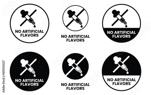 No artificial Flavors, color, preservatives, sweeteners icons set, label, logo, badge, sticker, emblem, stamp, symbol, circle, black, flat vector, isolated illustration.