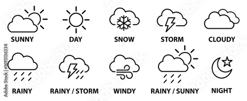 Weather forecast icon set. Rainy, storm, snow, cloudy, sunny, windy, day, night, summer, winter, line, label, collection, logo, symbol, flat vector, isolated illustration.