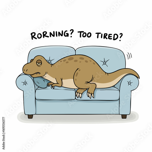 Simple Cartoon Dinosaur Resting on Couch Illustration Depicting Tiredness