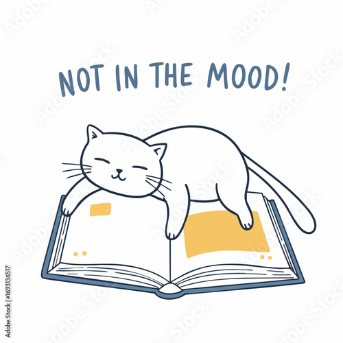Whimsical Lineart Cat Nap Illustration on Book Cute Feline Art