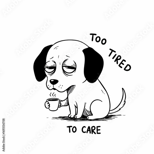 Handdrawn Outline Exhausted Dog with Coffee Cup Animal Illustration