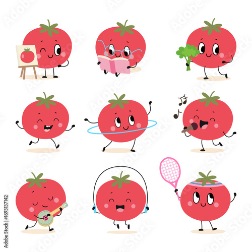 Cartoon tomato characters. Red tomatoes various situations, reading book, play tennis, singing, musician. Funny childish vegetable mascot nowaday vector set