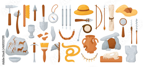 Cartoon archeological tools. Stone ages historic findings, archeologist working equipment. Brushes, measuring tape, magnifying glass, neoteric vector clipart