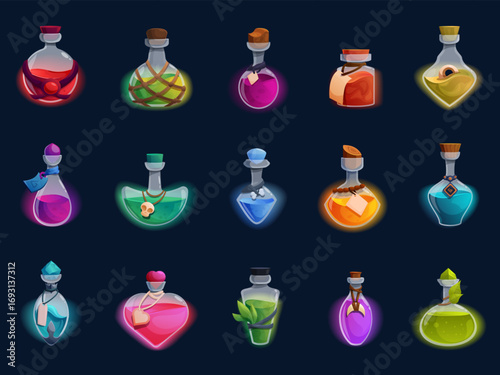 Witch potion glass vials. Game poison bottles, magic liquids. Vintage bottle with labels bones skulls, halloween decoration design, sapid vector set