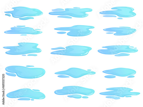 Water puddles. Blue liquids, puddle with drops. Spilled clean water different shapes, flowing design elements. Fall spring weather, sapid vector set