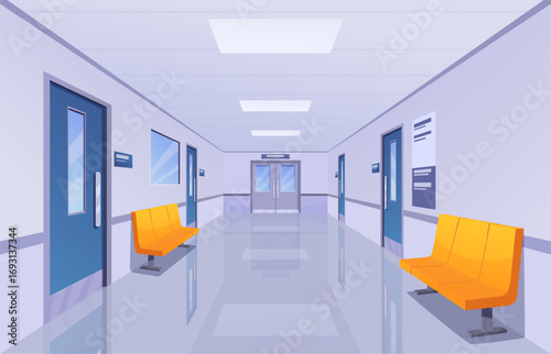 Hospital empty corridor interior. Medical building hallway with benches doors windows and info stands. Emergency clinic clean waiting hall, sapid vector scene
