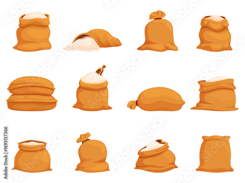 Cartoon rice bags isolated. Textile bag with grains harvest, agriculture elements. Various packs for grain, sackful in piles, close and open, sapid vector set