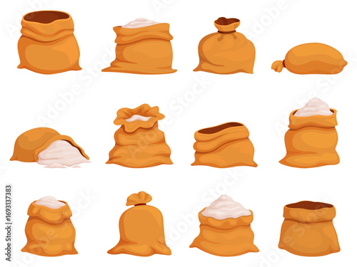 Cartoon flour bags. Full and empty textile bag with porridge, sugar, salt or other bulk products. Harvest sacks, farming agriculture sapid vector elements