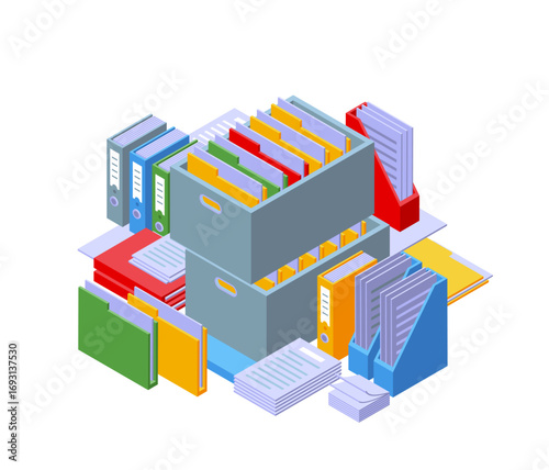 Isometric office folders. Big plastic boxes with work documents. Bright paper folder for papers, sheets. Corporate docs, archive files, nifty vector scene